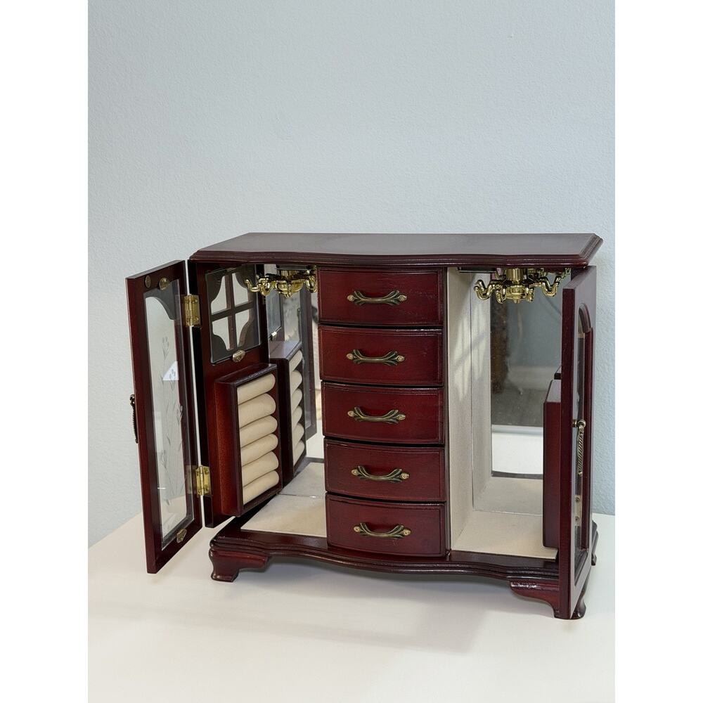 Vintage King Wood Upright Jewelry Cabinet Box Chest Etched Glass Doors Mahagony